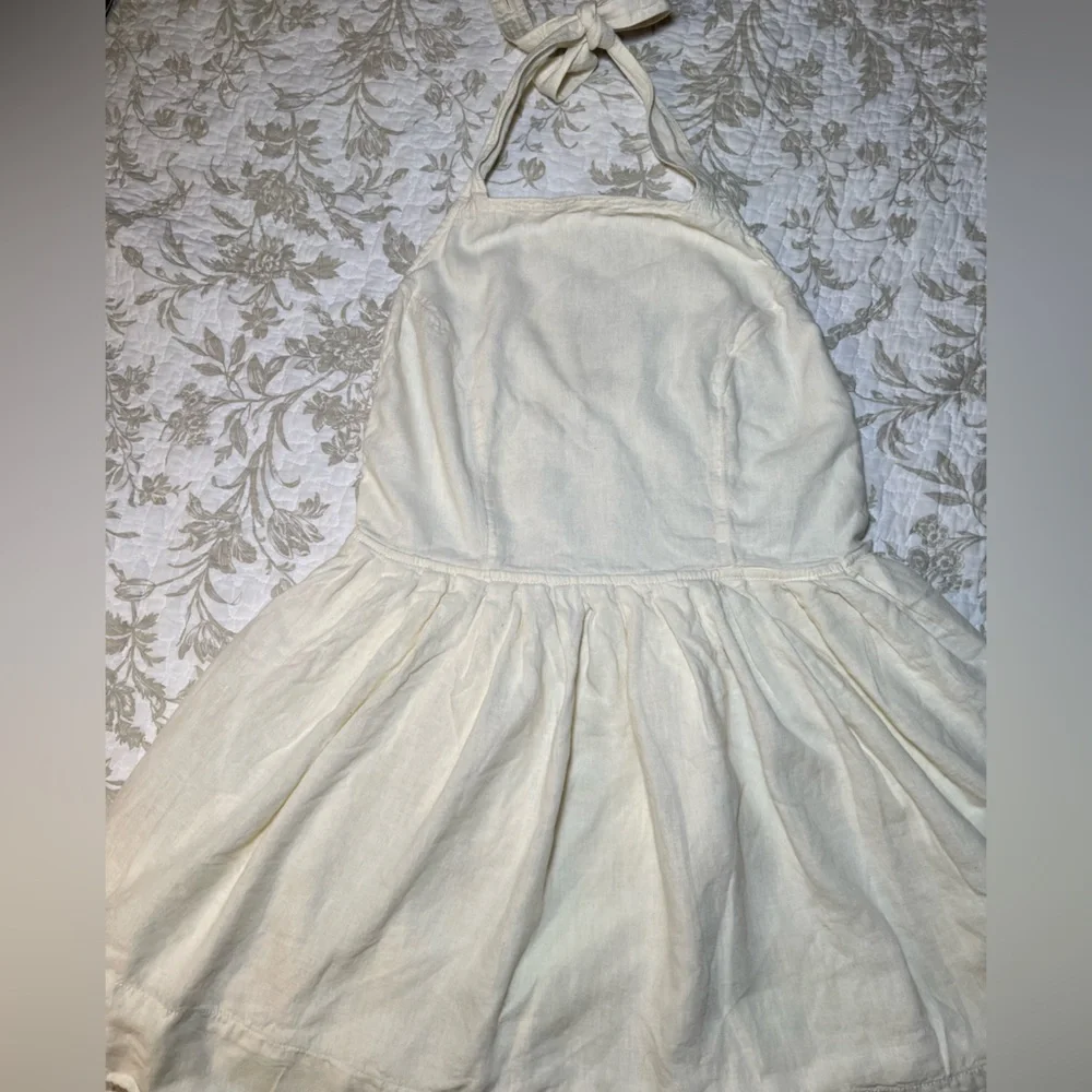Free People Linen Blend Pinafore Mini Dress Tunic Backless Halter, size large - Picture 2 of 14